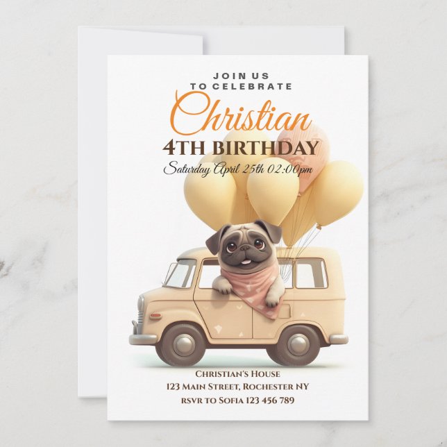 Cute pug Balloons Truck Birthday party Dog Pet Invitation (Front)