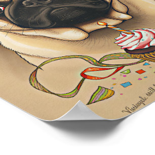 Cute Pug Birthday Cupcake Art Poster