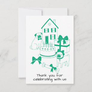 Cute Pug Birthday Party Illustration Turquoise Lin Thank You Card