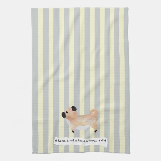 Cute Pug blue and cream striped Tea Towel (Vertical)