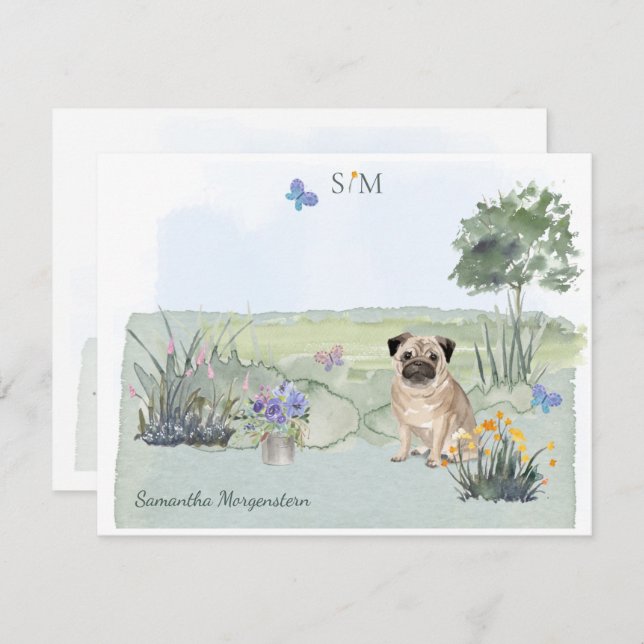 Cute Pug Butterfly Meadow  Monogram & Name     Card (Front/Back)