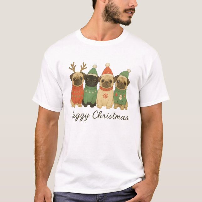 Cute Pug Christmas Illustration in Festive Sweater (Front)