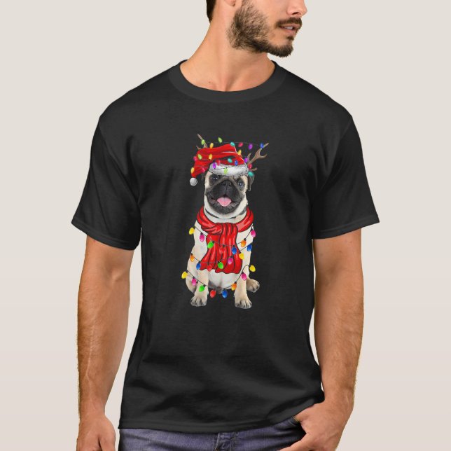 Cute Pug Christmas Tree Lights Dog T-Shirt (Front)