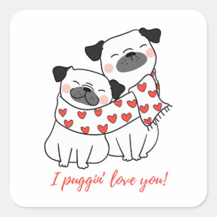 Cute Pug Couple with Hearts Illustration Square Sticker