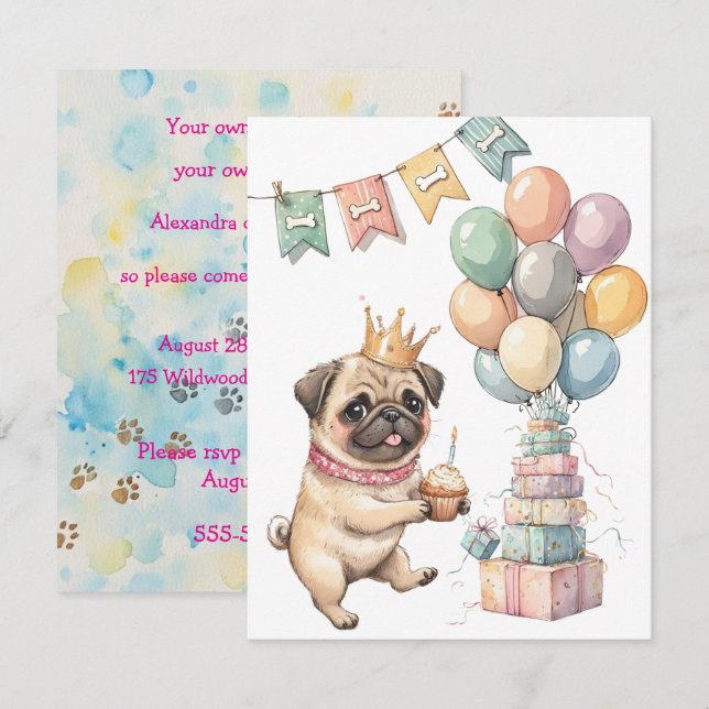 Cute Pug Digital Download Party Invitation (Front/Back)