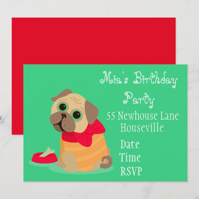 Cute pug dog animal lover girl Party Invitation (Front/Back)