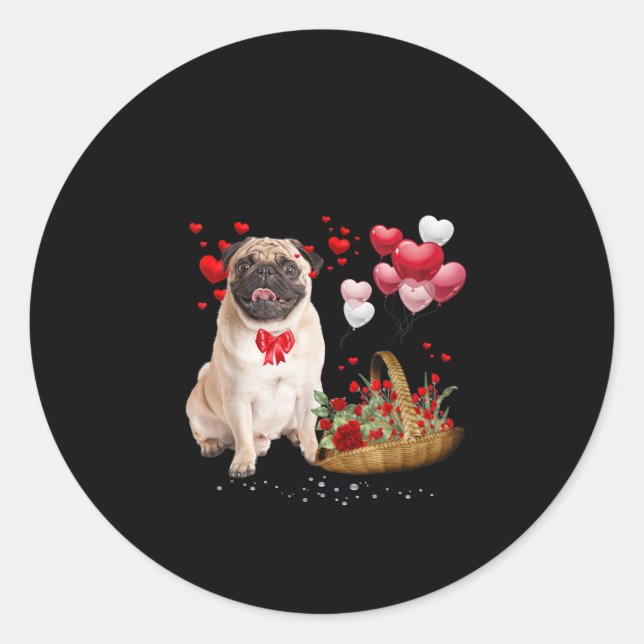 Cute Pug Dog Balloon Heart Valentines Day Classic Round Sticker (Front)