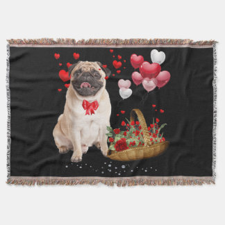 Cute Pug Dog Balloon Heart Valentine's Day Throw Blanket