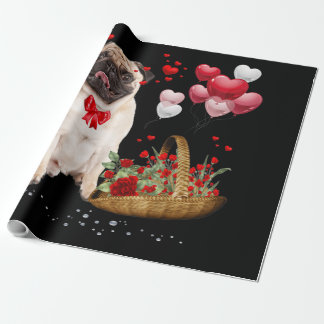 Cute Pug Dog Balloon Heart Valentine's Day Wrapping Paper