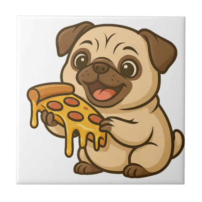 Cute pug dog cartoon pizza lover tile (Front)