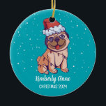 Cute Pug Dog Christmas Puppy Snowy Winter Holiday Ceramic Tree Decoration<br><div class="desc">Cute cartoon animal ornament for kids and children. Perfect for first Christmas celebration with family. You can customise the text for any occasion.</div>