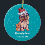Cute Pug Dog Christmas Puppy Snowy Winter Holiday Ceramic Tree Decoration<br><div class="desc">Cute cartoon animal ornament for kids and children. Perfect for first Christmas celebration with family. You can customise the text for any occasion.</div>
