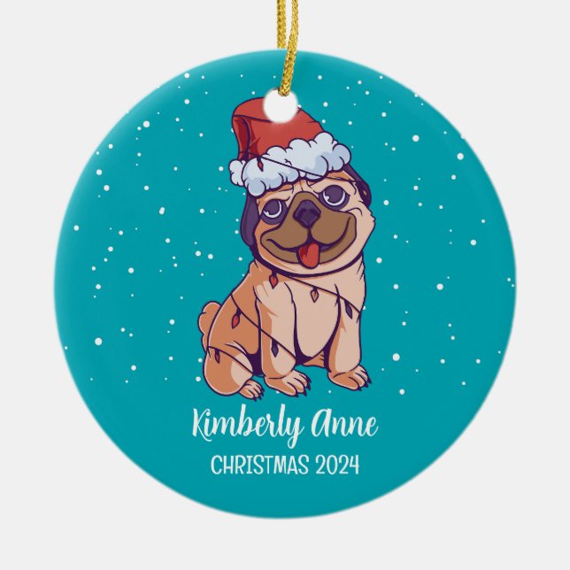 Cute Pug Dog Christmas Puppy Snowy Winter Holiday Ceramic Tree Decoration (Front)