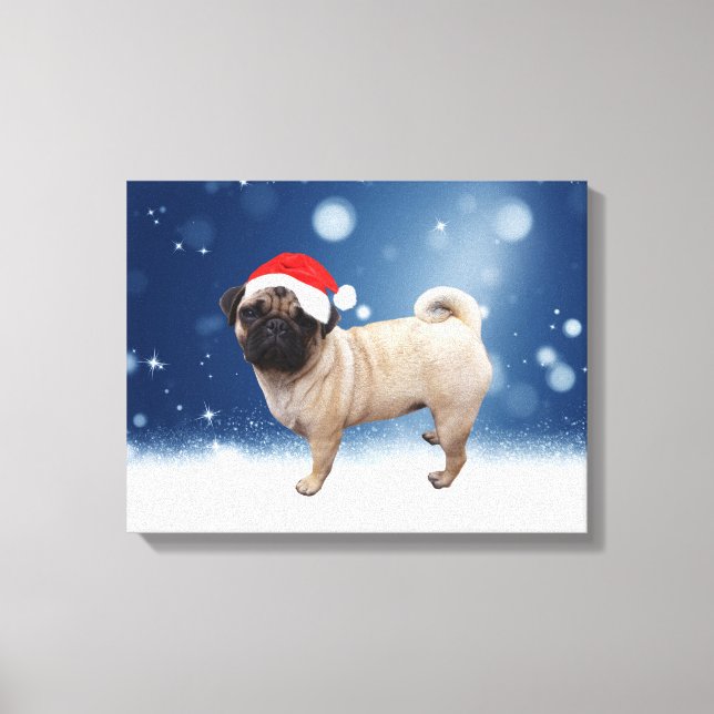 Cute Pug Dog Christmas Santa Hat Snow Stars Canvas Print (Front)