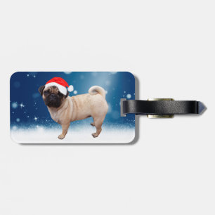 Cute Pug Dog Christmas Santa Hat Snow Stars Luggage Tag