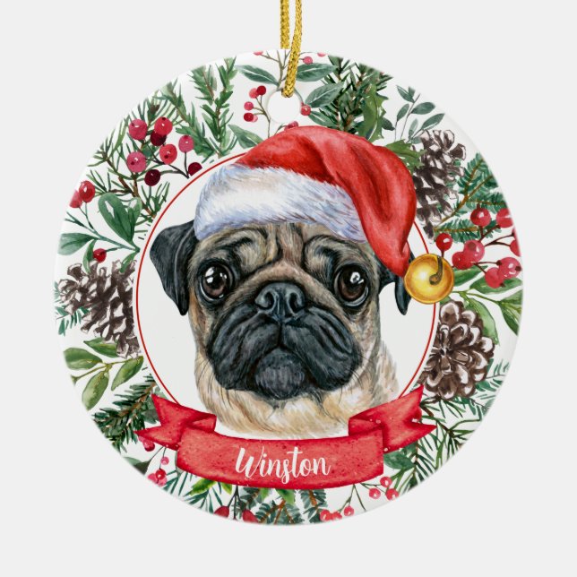 Cute Pug Dog Custom Santa Hat Christmas Ornament (Front)