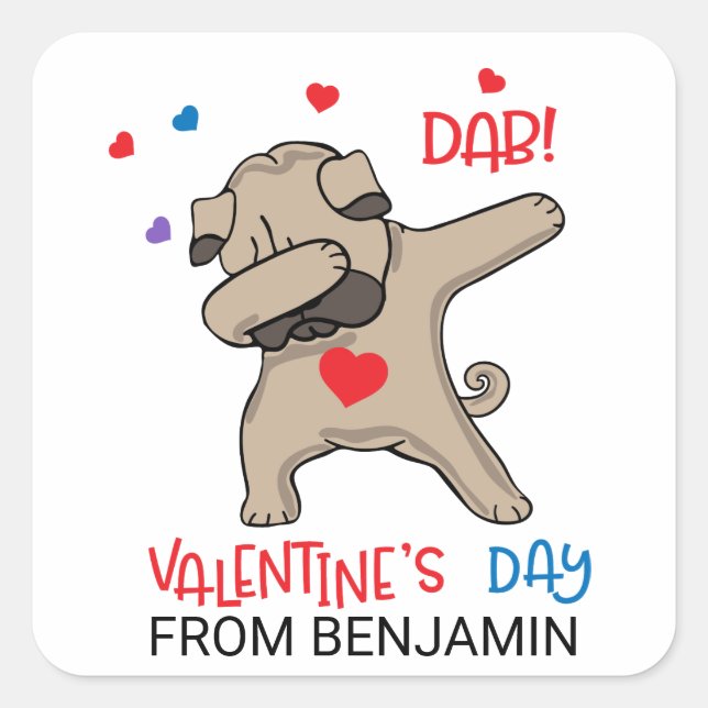 Cute Pug Dog Dab Valentines Day Square Sticker (Front)