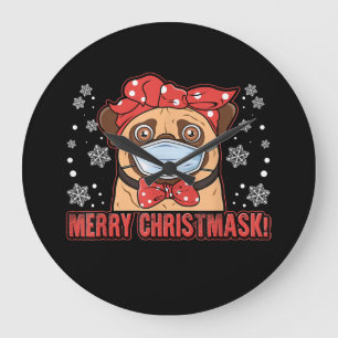 Cute Pug Dog Face Mask Merry Christmas Large Clock