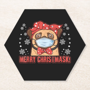 Cute Pug Dog Face Mask Merry Christmas Paper Coaster