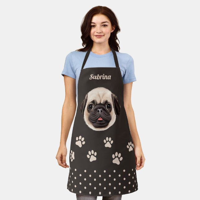 Cute Pug Dog Face Personalized Name All-Over Print Apron (Worn)