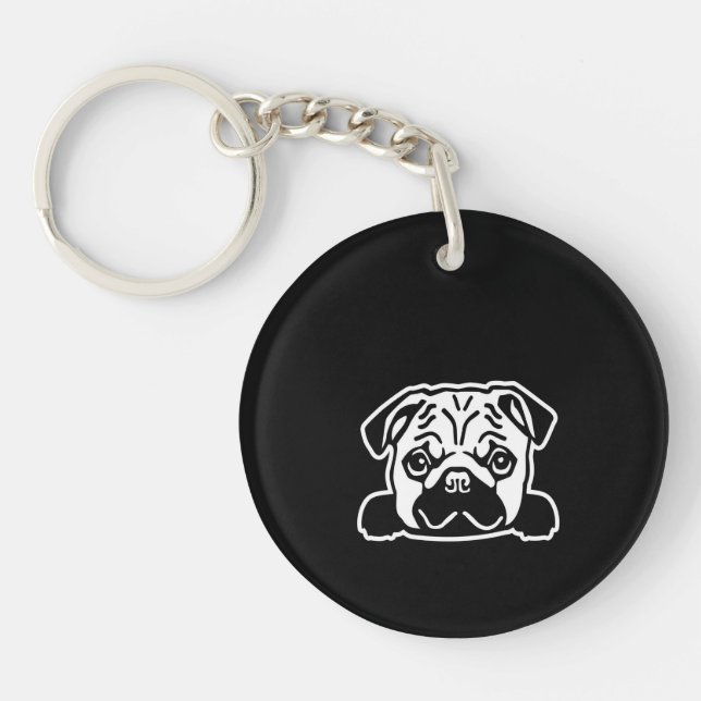 Cute Pug Dog Face Sketch | Pug Lovers Key Ring (Front)