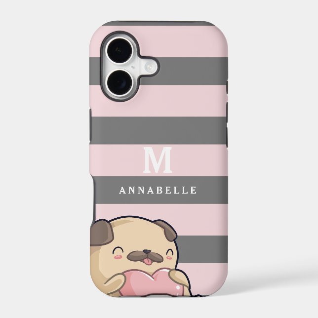 Cute Pug Dog Heart & Striped Pattern Monogram (Back)