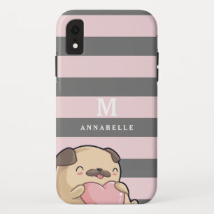 Cute Pug Dog Heart & Striped Pattern Monogram Case-Mate iPhone Case