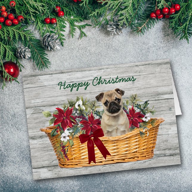 Cute Pug Dog in Basket Christmas Card (Creator Uploaded)