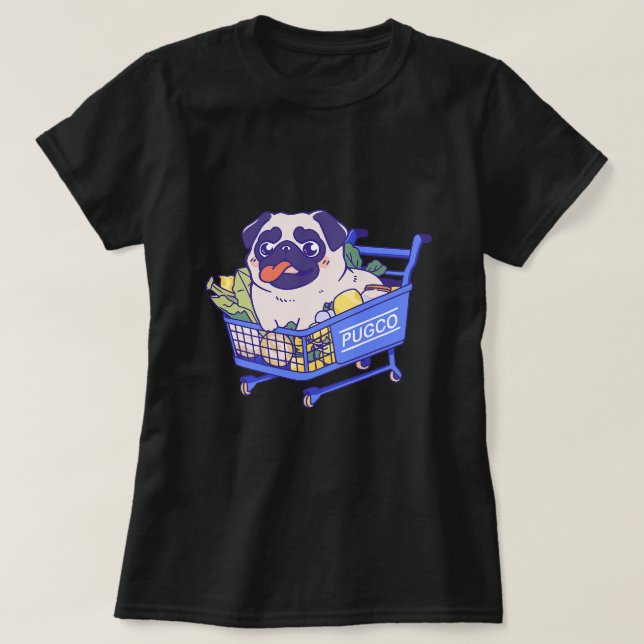 Cute Pug Dog in Grocery Shopping Cart T-Shirt (Design Front)