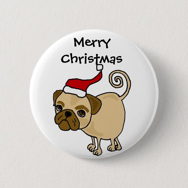 Cute Pug Dog in Santa Hat Christmas Art 6 Cm Round Badge (Front)