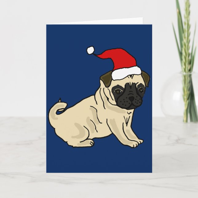 Cute Pug Dog in Santa Hat Christmas Cartoon Holiday Card (Front)