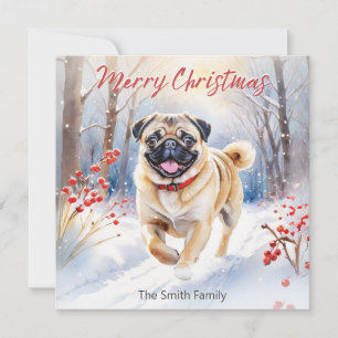 Cute Pug Dog In Snow Watercolor Merry Christmas Holiday Card