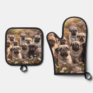 Cute Pug Dog Oven Mitt & Pot Holder Set
