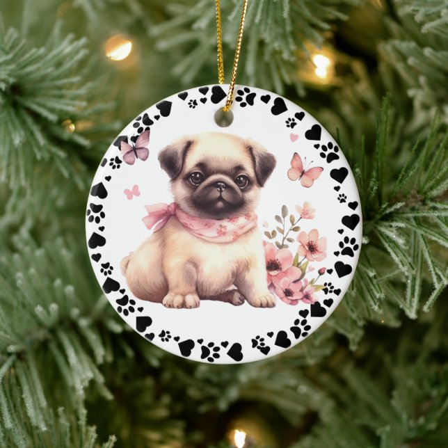 Cute Pug Dog Paws Hearts Custom Photo Ceramic Tree Decoration (Tree)