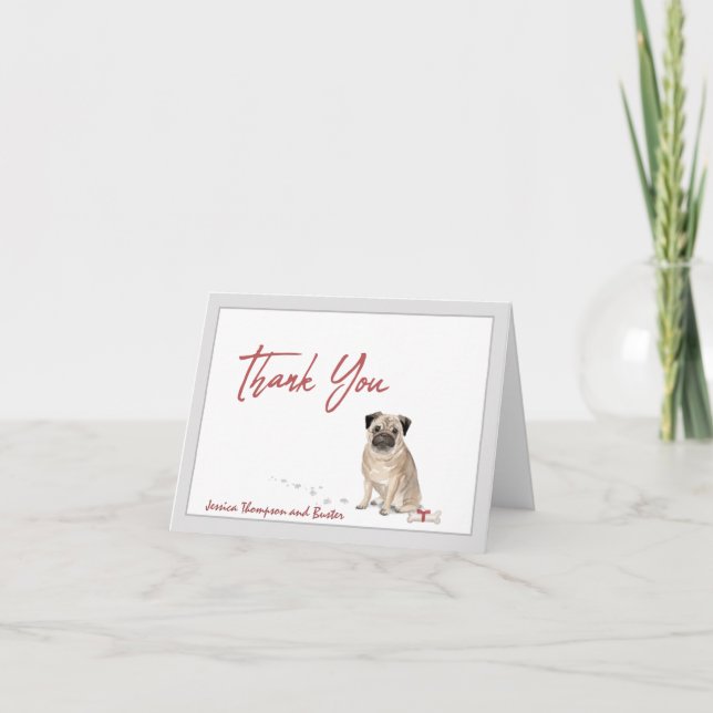 Cute Pug Dog Personalised with Bone and Ribbon    Thank You Card (Front)