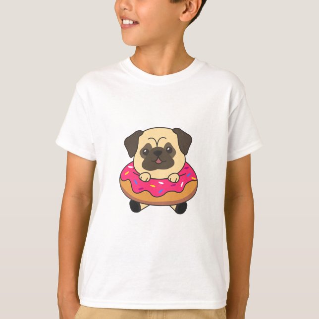 Cute Pug Dog Puppy Dogs Loaf Of Doughnut Pink T-Shirt (Front)