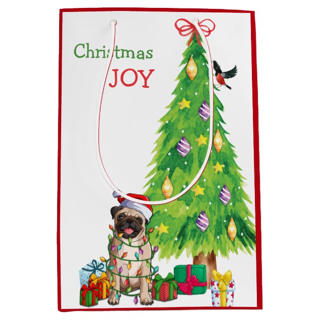 Cute Pug Dog Santa Hat and Christmas Tree Medium Gift Bag (Front)