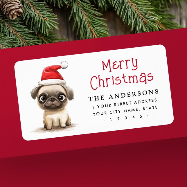 Cute pug dog Santa hat Christmas return address Label (Cute pug dog Santa hat Christmas return address Label)