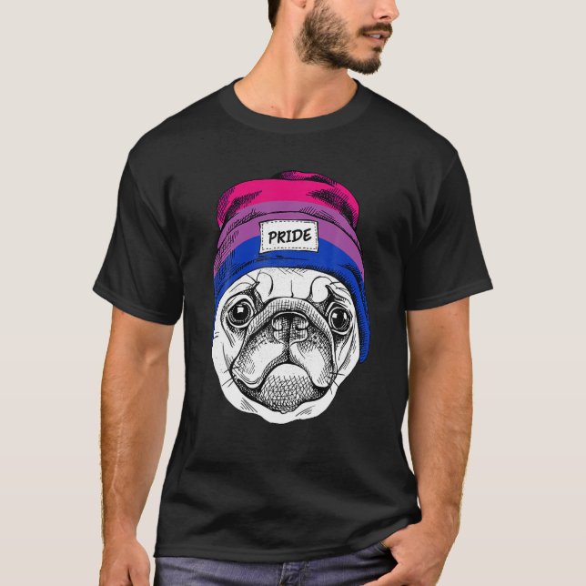Cute Pug Dog Wearing Bisexual Rainbow Pride Hat T-Shirt (Front)