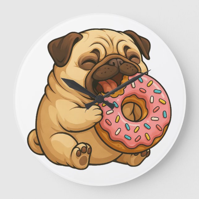 Cute pug doughnut cartoon funny munching  large clock (Front)