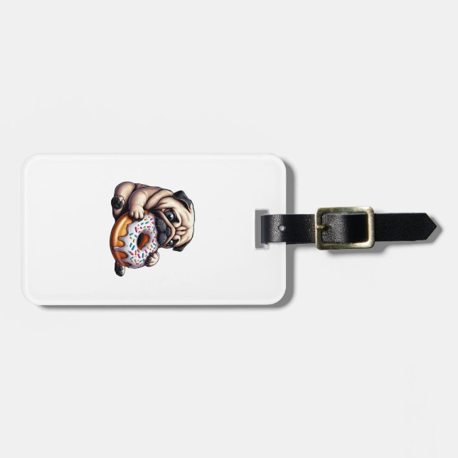 Cute pug doughnut cartoon funny munching luggage tag (Front Horizontal)