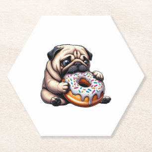 Cute pug doughnut cartoon funny munching paper coaster