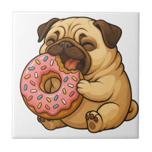 Cute pug doughnut cartoon funny munching  tile
