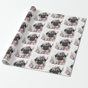 Cute pug Easter watercolor floral Wrapping Paper