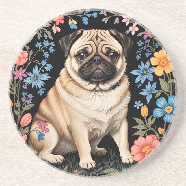 Cute Pug Elegant Colorful Floral Coaster (Front)