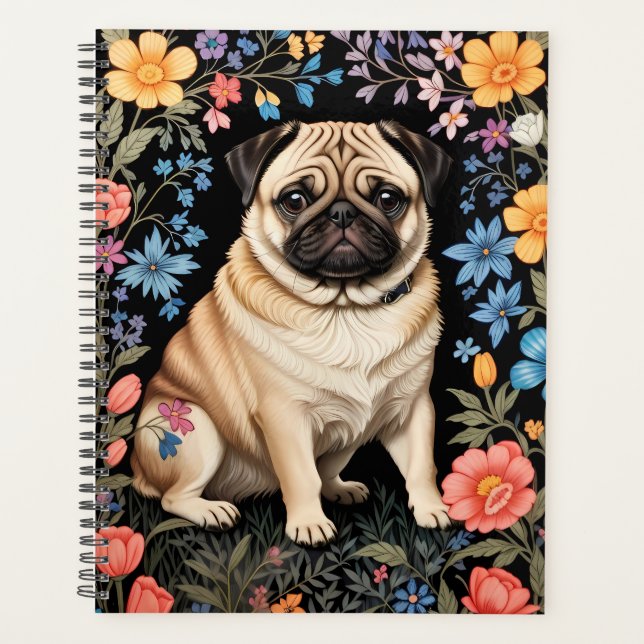 Cute Pug Elegant Colorful Floral Planner (Front)