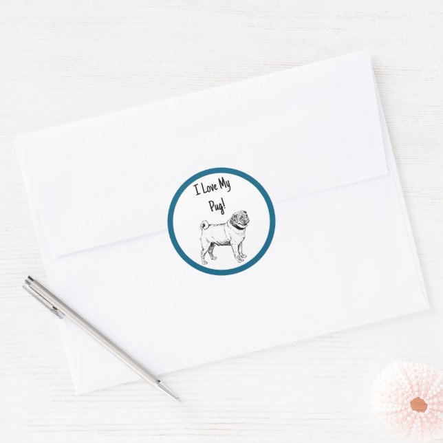Cute Pug Elegant Dog Drawing Classic Round Sticker (Envelope)