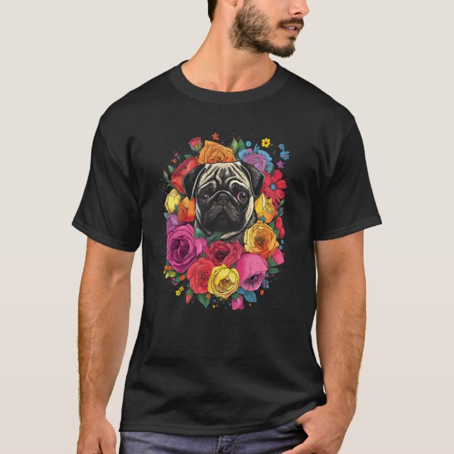 Cute Pug Flower Bouquet T-Shirt (Front)