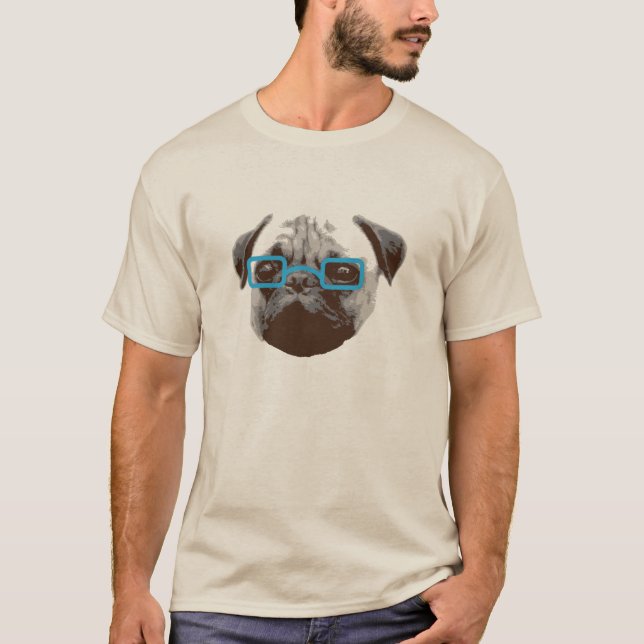 Cute Pug Hipster with Blue Glasses T-Shirt (Front)