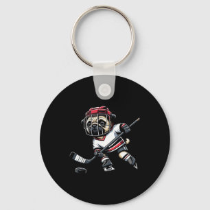 Cute Pug Hockey Player Dog For Men Women Girls Kid Key Ring